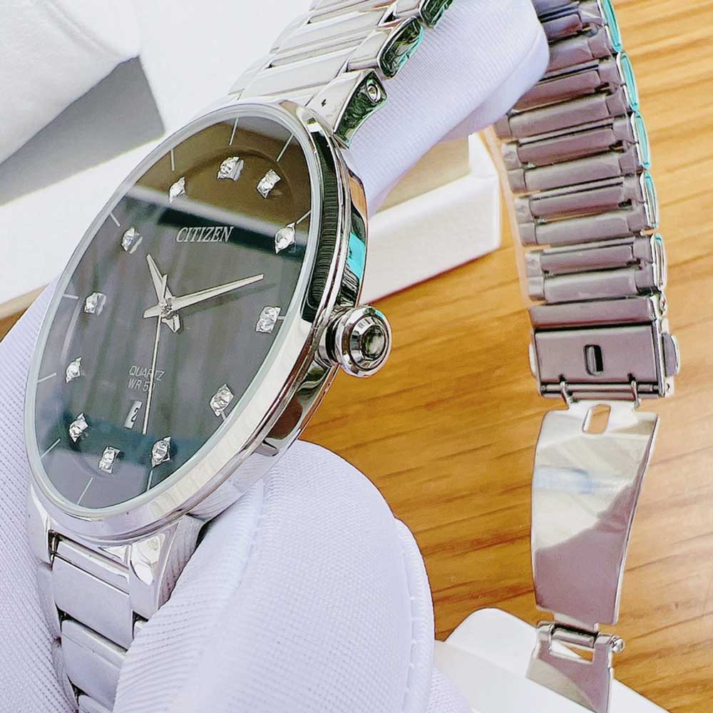 Đồng hồ mặt số xanh đen dây kim loại