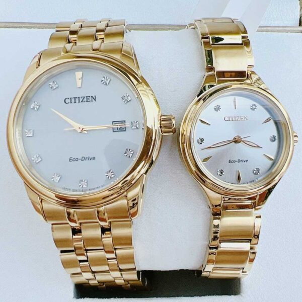 Đồng Hồ Đôi Citizen Corso Silver Dial Ladies Gold-Tone Watch BM7342-50A & FE2102-55A Chính Hãng