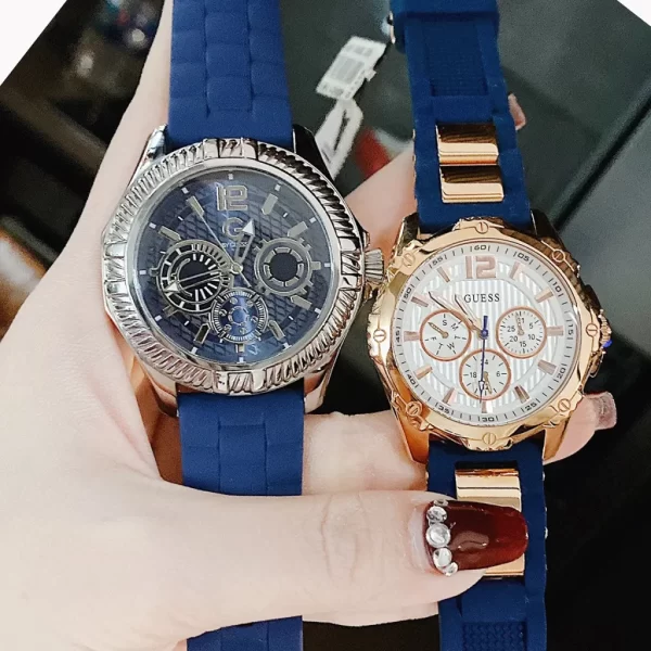 Đồng Hồ Đôi Guess Chronograph Dây Silicon Xanh