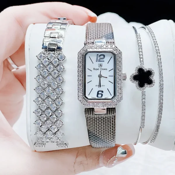 Đồng Hồ Nữ Royal Crown Dây Thép Swarovski Mặt Vuông